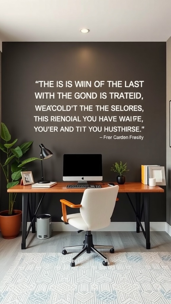 A stylish workspace featuring a wall with a personalized quote art piece.