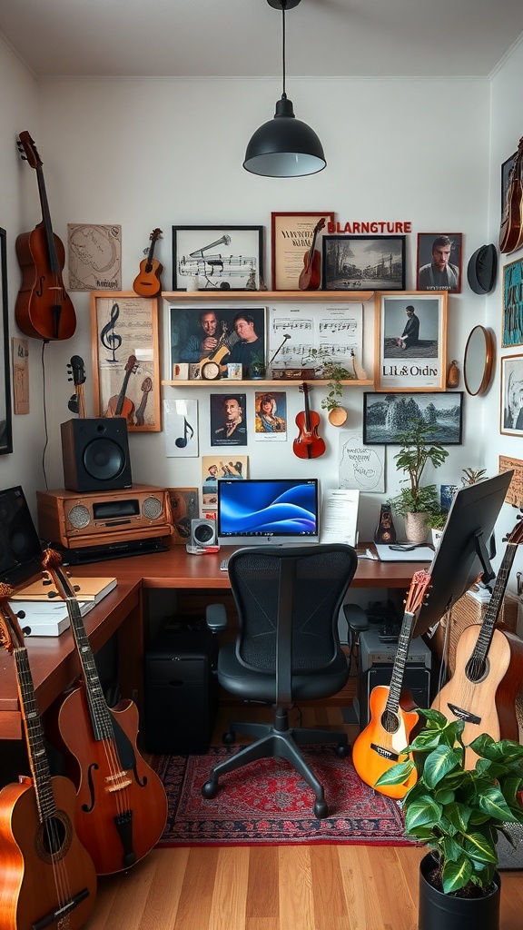 A cozy music studio with framed music sheets and photos on the wall, surrounded by guitars and a computer setup.