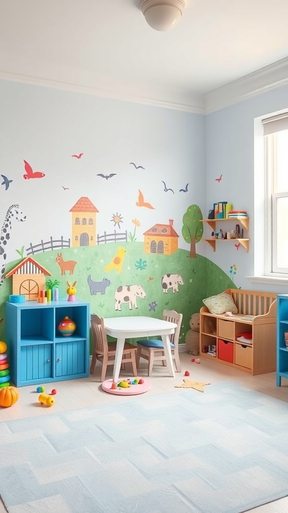 A colorful hand-painted mural in a children's room featuring animals, houses, and trees.