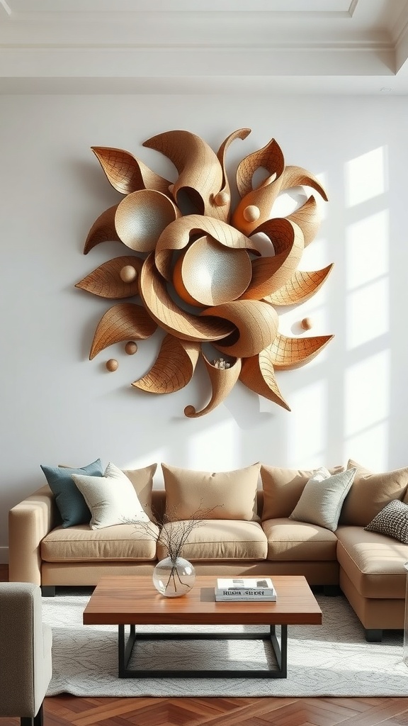 A sculptural wall art piece made of wood, featuring flowing shapes and spheres, displayed above a modern sofa.