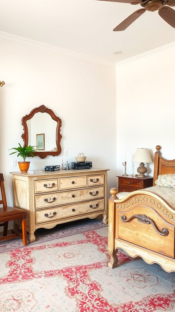 A rustic bedroom featuring antique furniture including a wooden dresser and a vintage mirror.