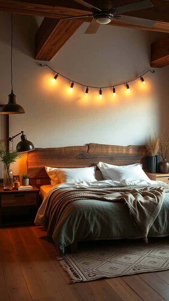 A rustic bedroom featuring a reclaimed wood headboard, soft bedding, and warm lighting.