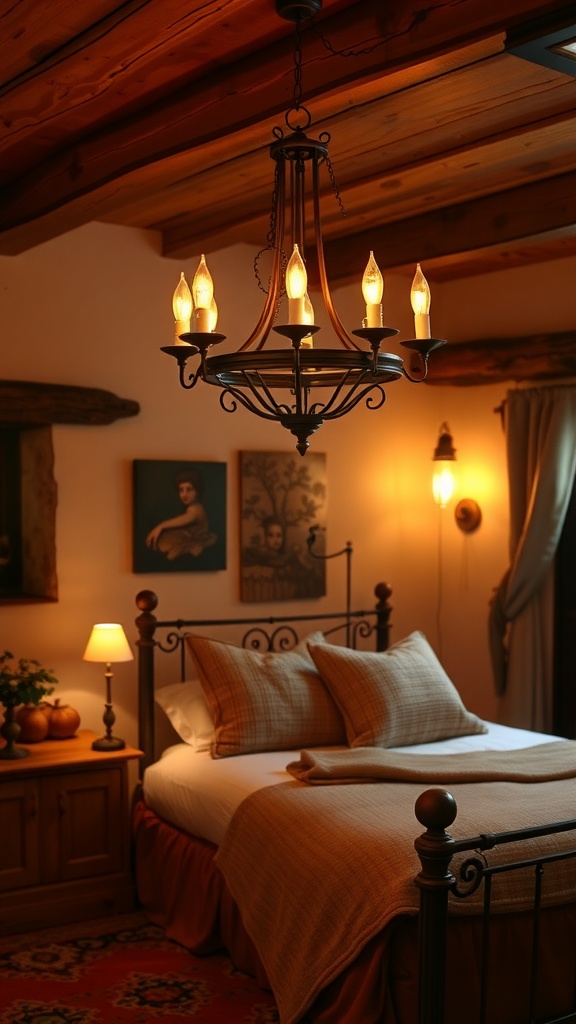 A rustic bedroom with a chandelier and warm lighting.