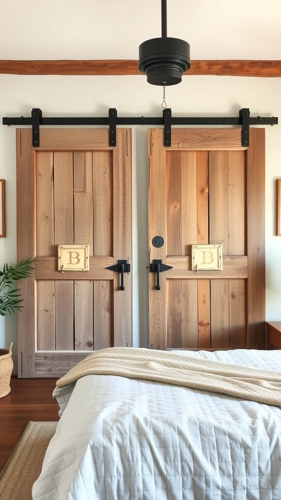 A rustic bedroom featuring vintage barn doors as decor.