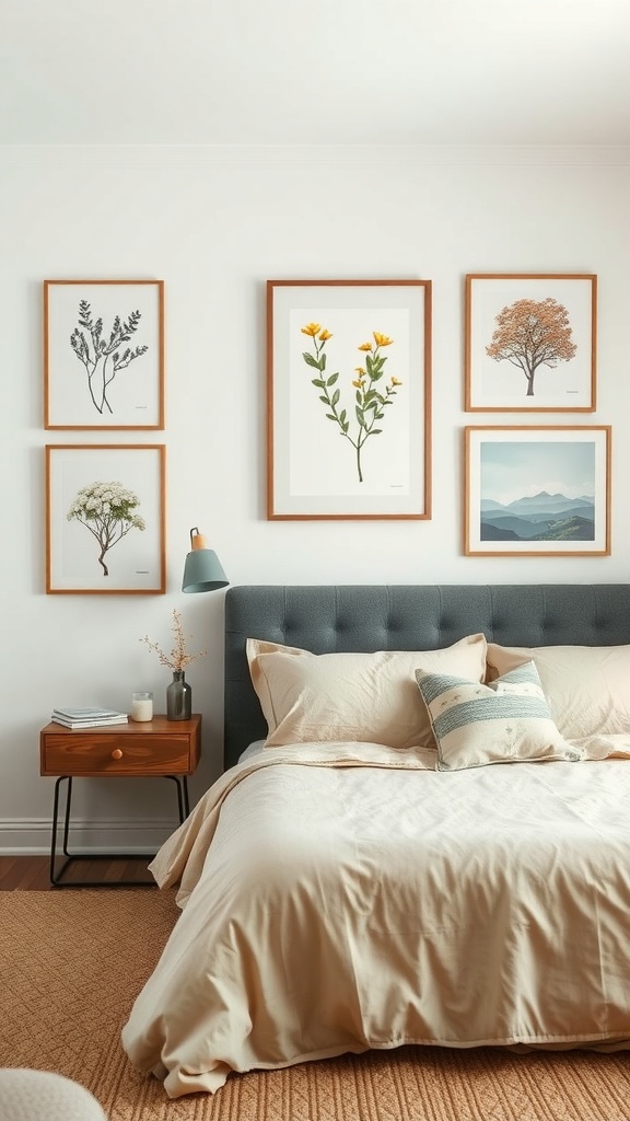 A rustic bedroom featuring nature-inspired wall art with framed botanical prints.