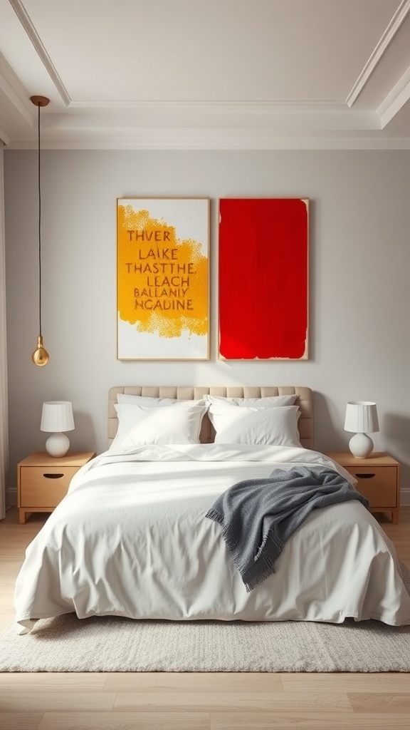 A modern bedroom featuring color block art with yellow and red paintings above the bed.