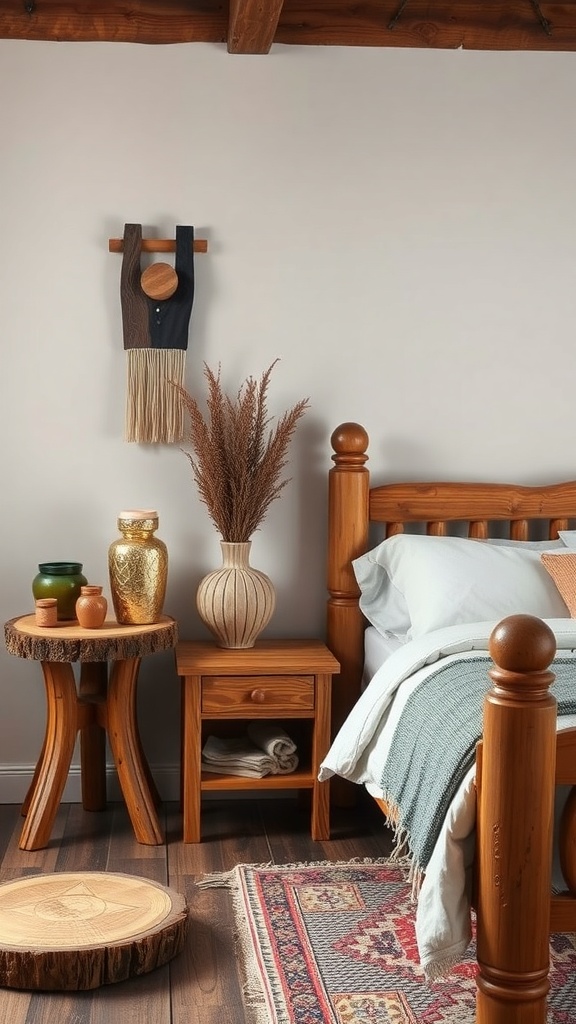 A rustic bedroom featuring handcrafted wooden accessories, including a wooden side table, vases, and a decorative wall piece.