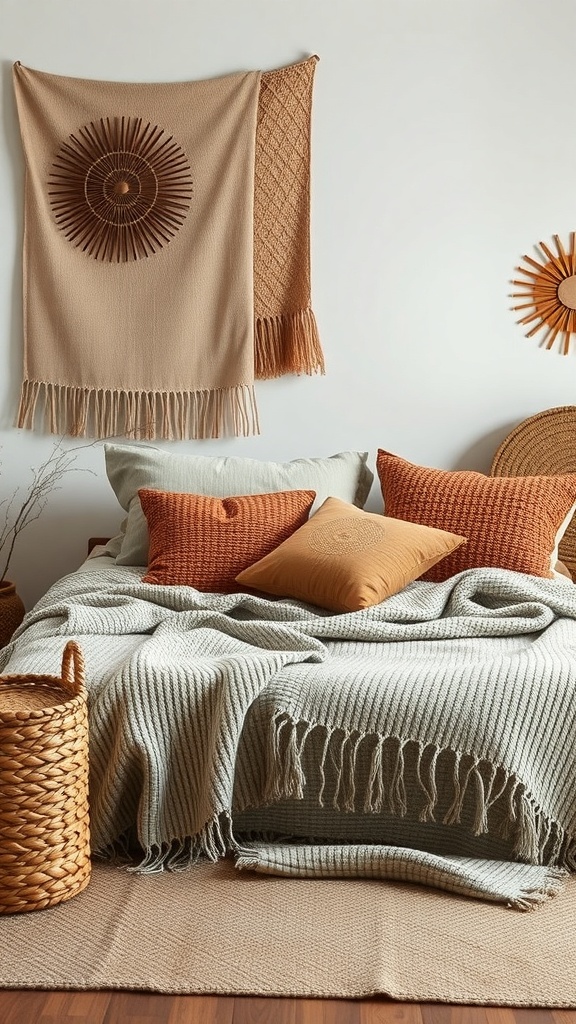 A cozy rustic bedroom featuring woven textiles, including a soft blanket and textured pillows.