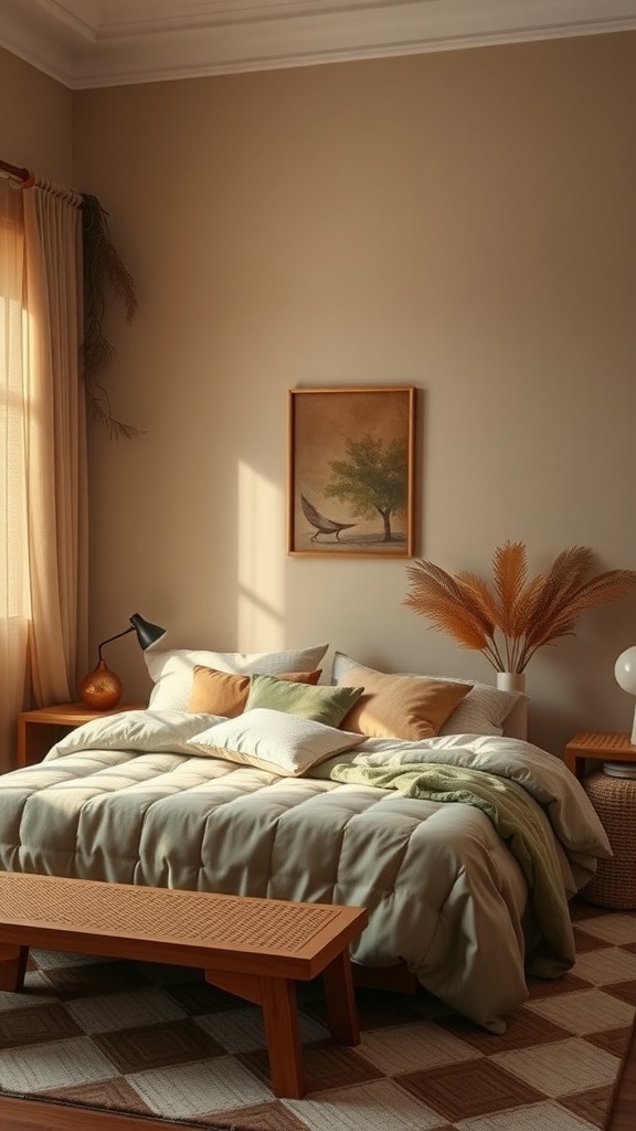 A cozy rustic bedroom featuring earthy tones and natural decor.