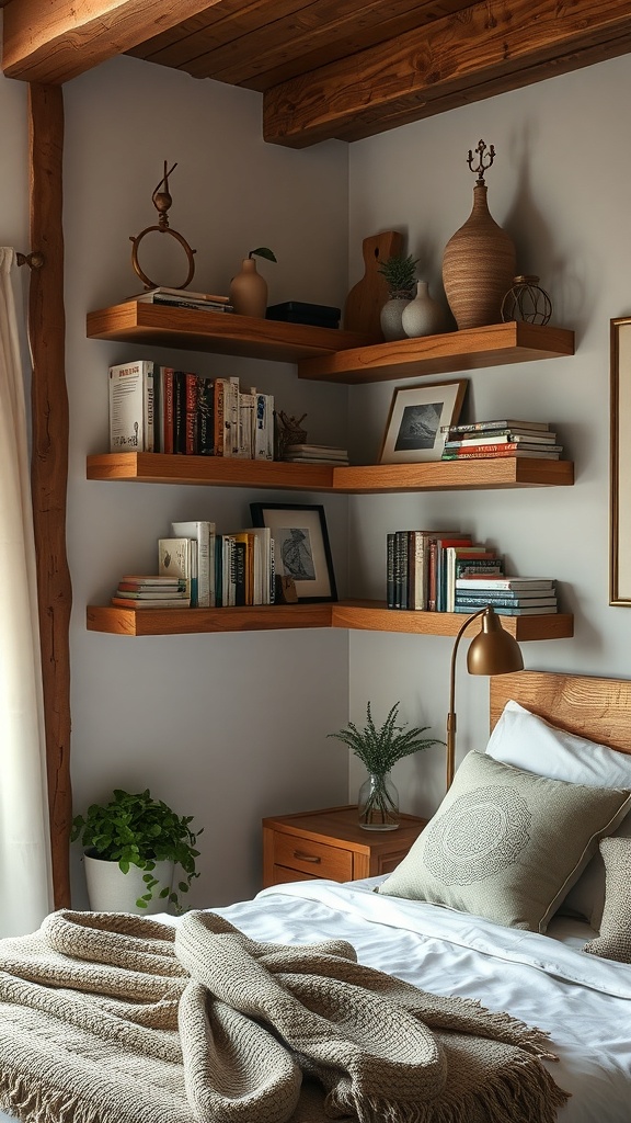 Rustic bedroom with wooden shelving units displaying books and decor.