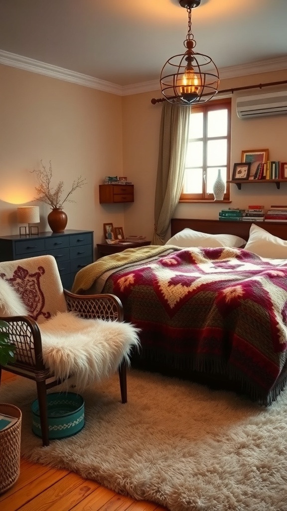 A cozy rustic bedroom featuring a faux fur throw on a chair and a patterned blanket on the bed.