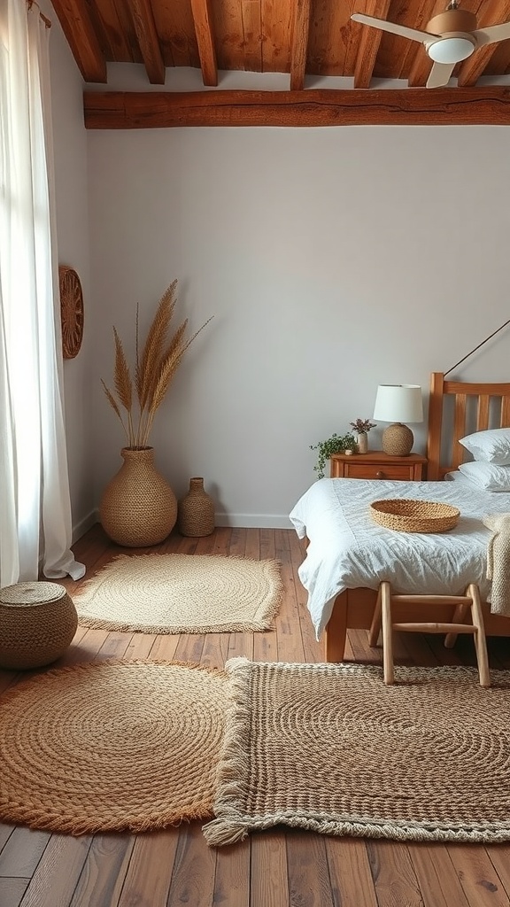 A cozy rustic bedroom featuring natural fiber rugs on wooden flooring.
