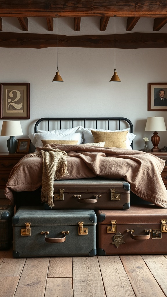 A cozy rustic bedroom featuring stacked vintage suitcases at the foot of the bed.