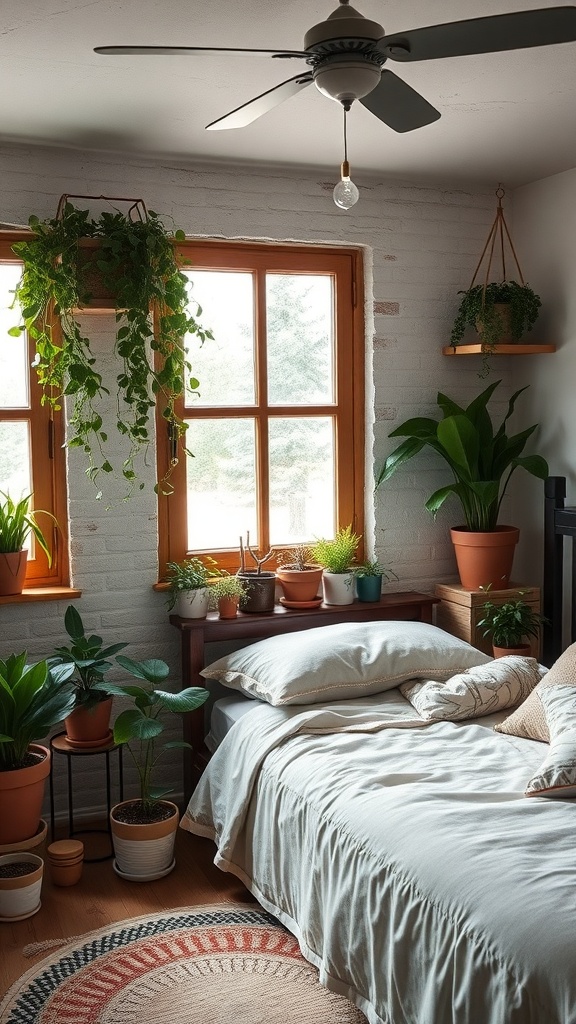A rustic bedroom with various potted plants near the windows and on the bedside table.
