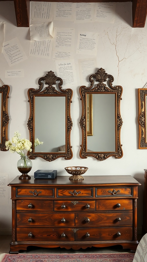 Two ornate old-world mirrors above a wooden dresser with decorative items.