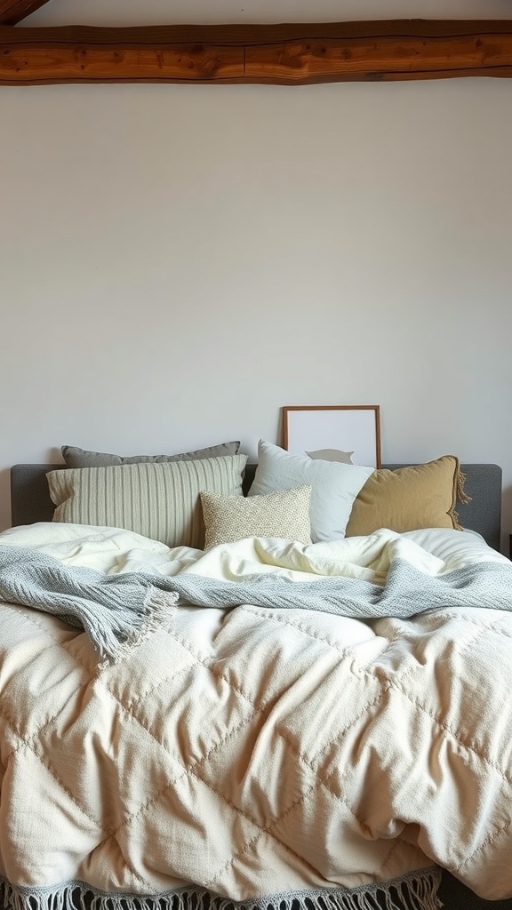 A cozy bed with layered bedding and decorative pillows.