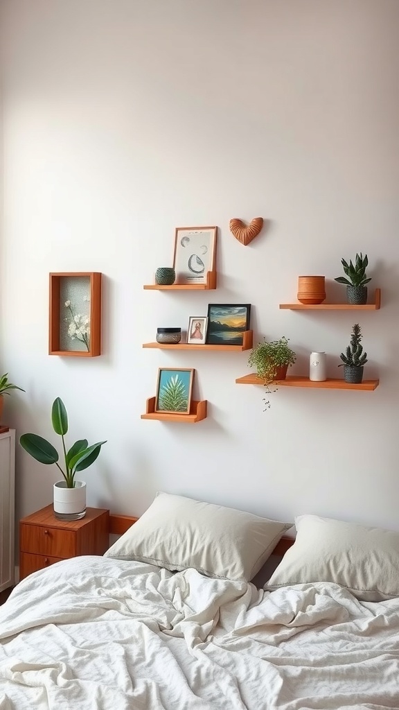 Artistic wall shelves displaying plants and framed pictures in a modern bedroom