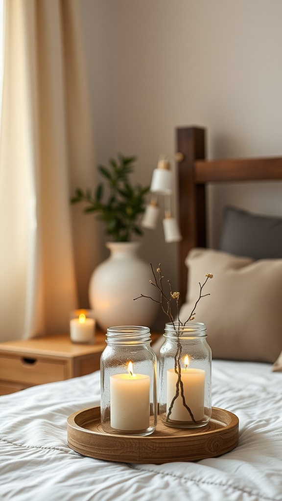Two decorative mason jars with candles on a wooden tray in a cozy bedroom setting.