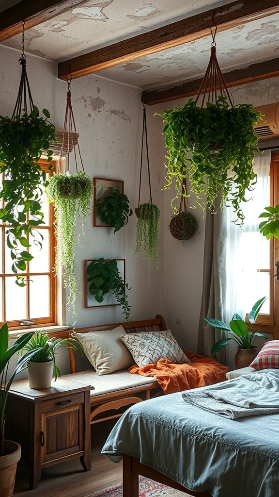 A cozy rustic bedroom featuring hanging plants and natural decor.