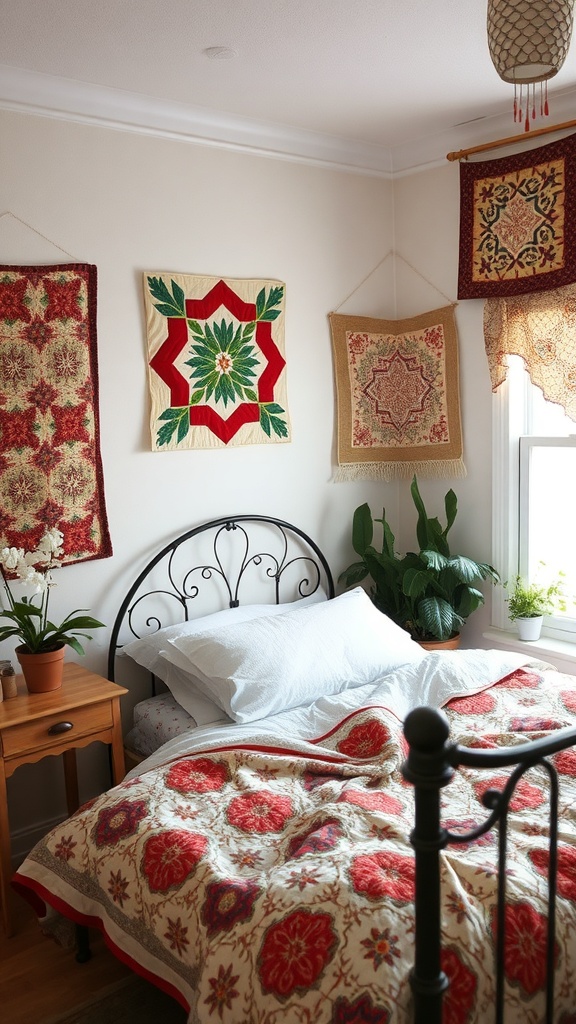 A cozy bedroom featuring quilted wall hangings in warm colors.