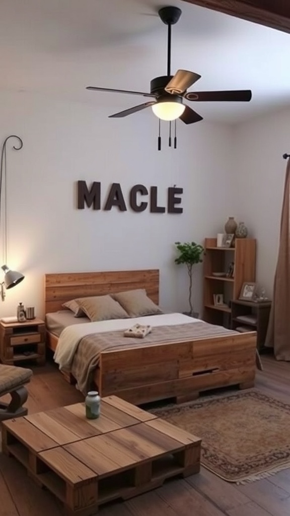 A rustic bedroom featuring furniture made from recycled pallets, including a bed and coffee table.