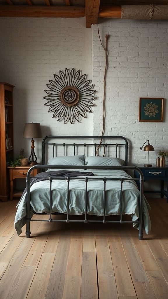 A rustic bedroom featuring a metal bed frame, wooden furniture, and decorative accents.