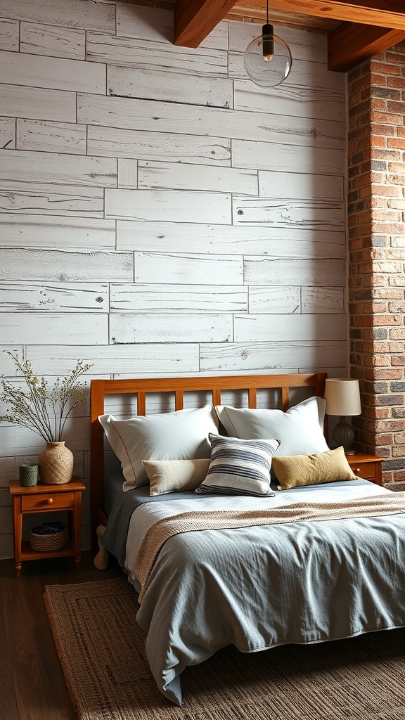 A rustic bedroom featuring a wood panel accent wall, cozy bedding, and natural decor.