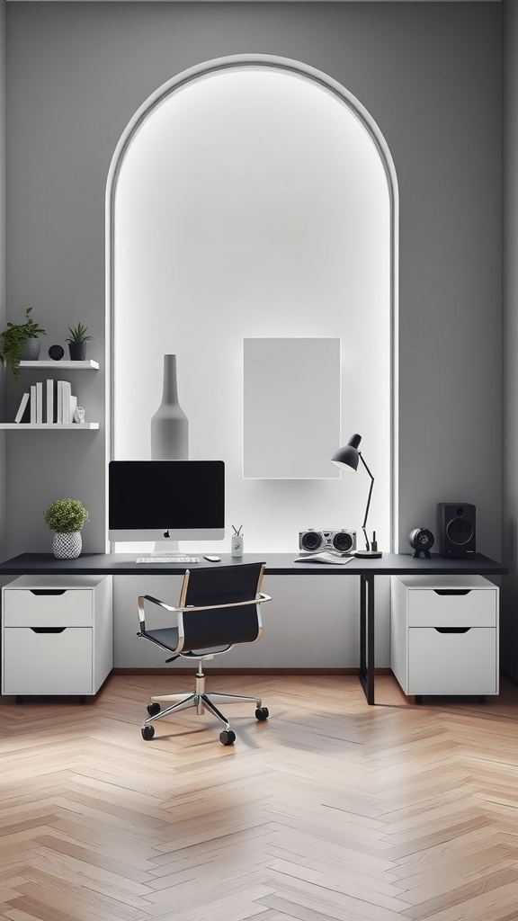 A minimalist home office setup featuring a modern desk, computer, and stylish decor.