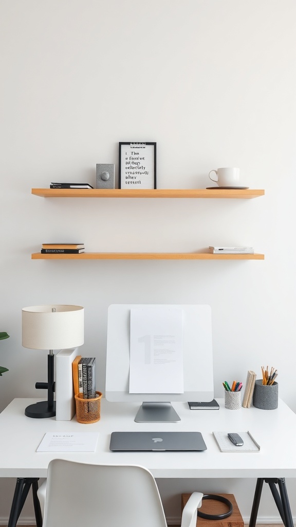 A minimalist home office setup featuring floating shelves above a clean desk with a lamp, laptop, and stationery.