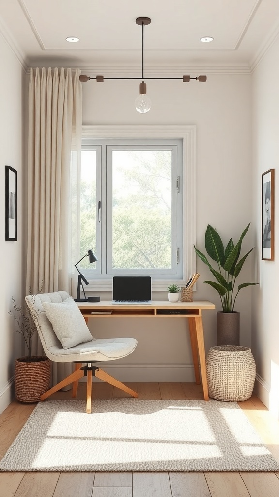A minimalist study nook featuring a wooden desk, a comfortable chair, and plants, illuminated by natural light.