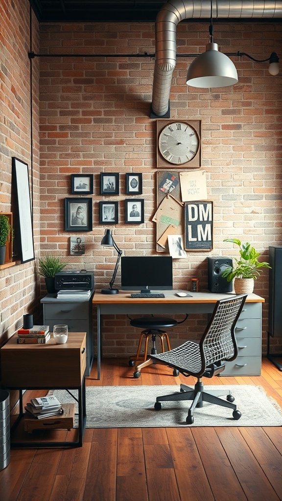 A stylish industrial chic home office featuring exposed brick walls, a modern desk, and a comfortable chair.