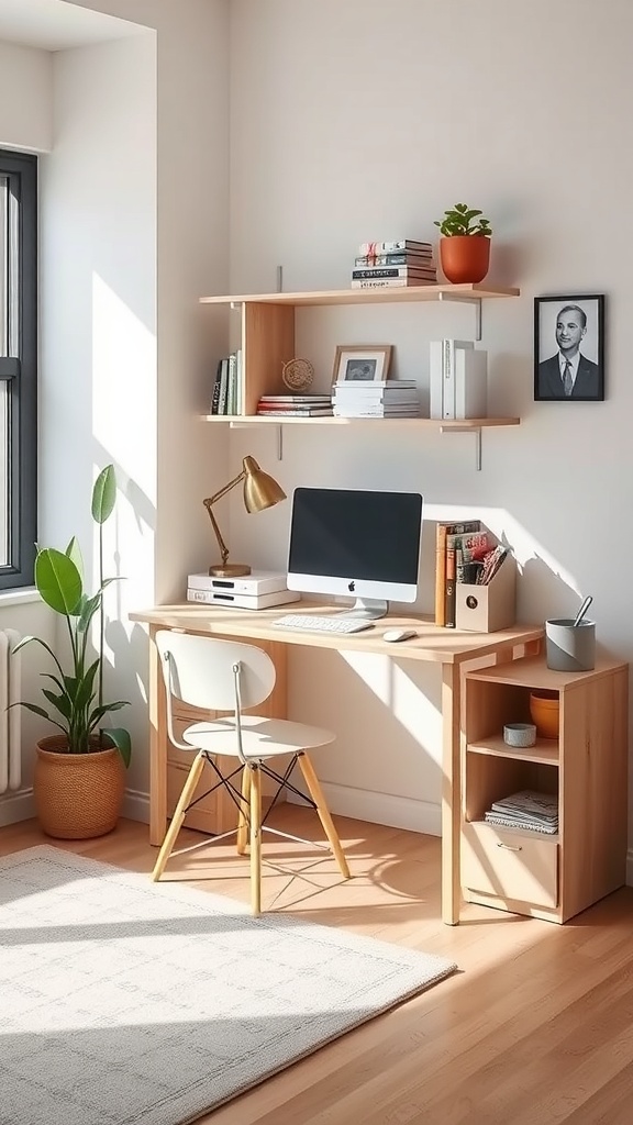 A minimalist corner desk setup featuring a wooden desk, a computer, a chair, and shelves with books and plants.