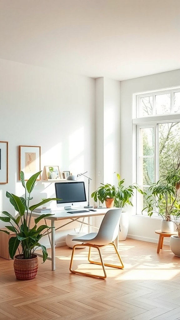 A bright and airy home office with plants, a desk, and a computer.