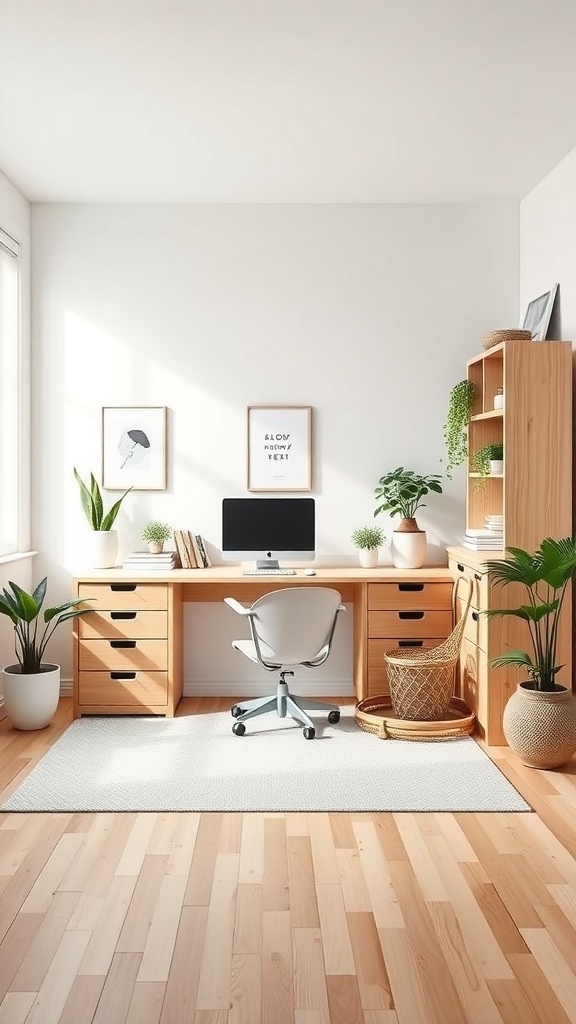 A minimalist Scandinavian-inspired home office with wooden furniture, a computer, and plants.