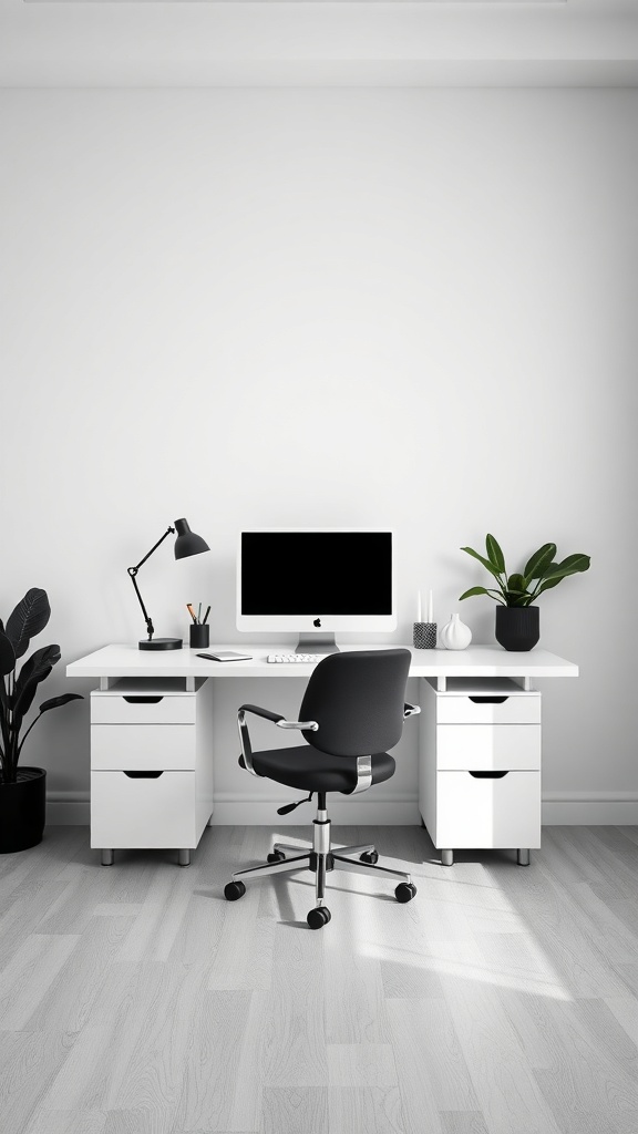 A minimalist home office setup featuring a white desk, black chair, and plants.