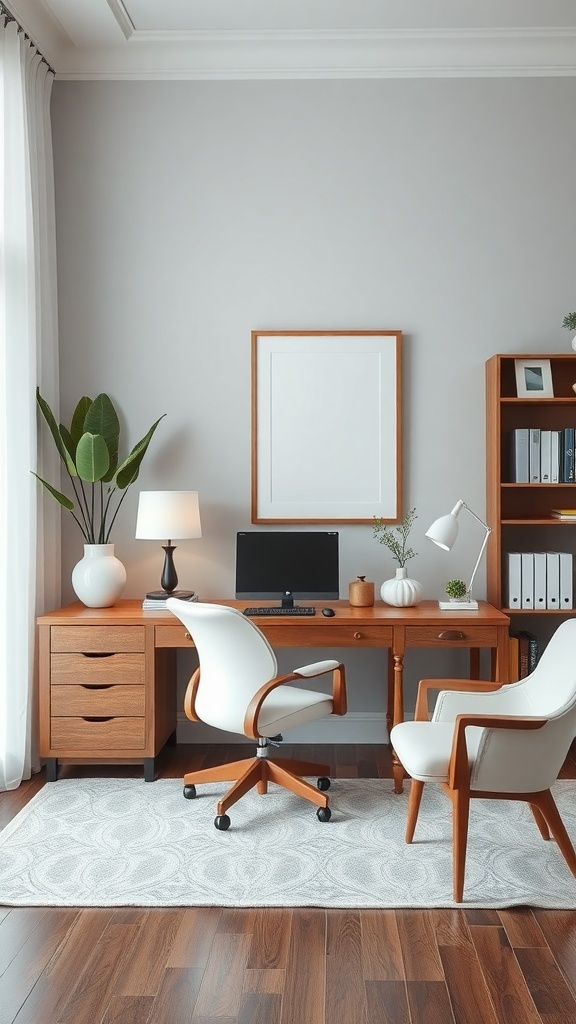 A minimalist home office with a wooden desk, white chairs, and plants.