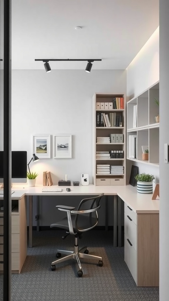 A minimalist home office featuring a desk, chair, and organized shelves.