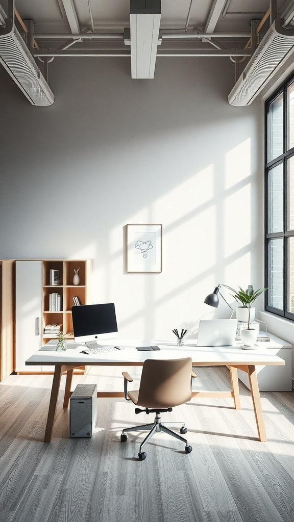 A sleek minimalist home office setup featuring a desk, chair, and storage.