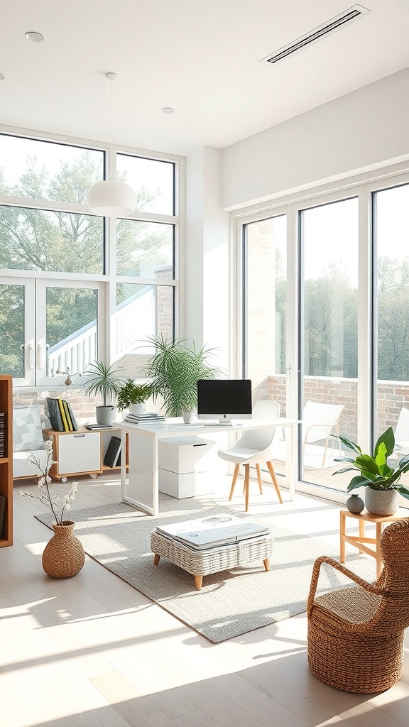A bright and airy home office with large windows, minimalist furniture, and plants.