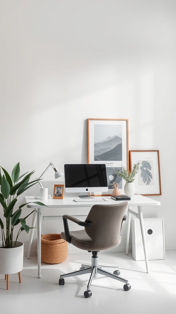 A minimalist home office setup featuring a white desk, computer, and framed artwork.