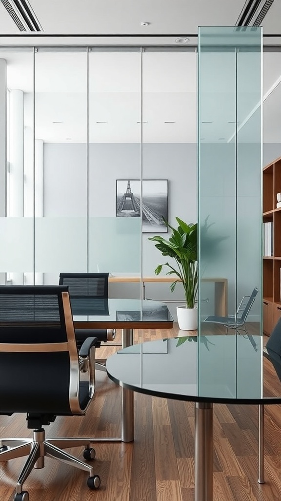 A modern office with glass walls, metal furniture, and a plant.