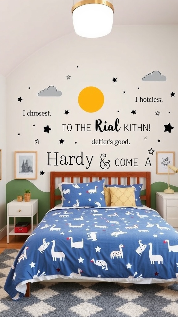 A bedroom featuring customizable wall decals with playful designs and a colorful bedspread.