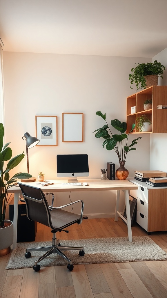 A minimalist home office setup with a desk, computer, and plants.