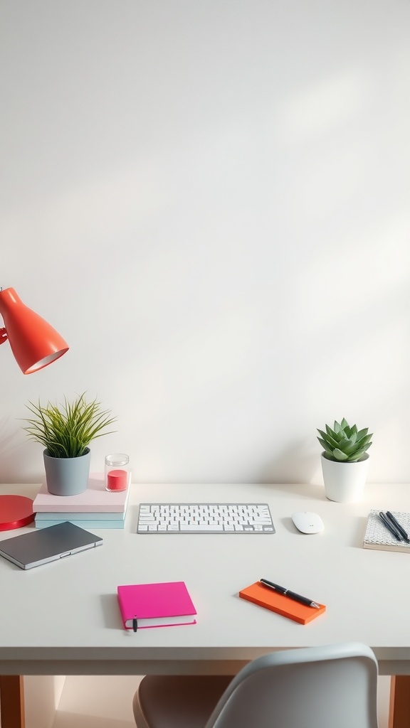 A minimalist home office setup featuring a red lamp, colorful notebooks, and plants.