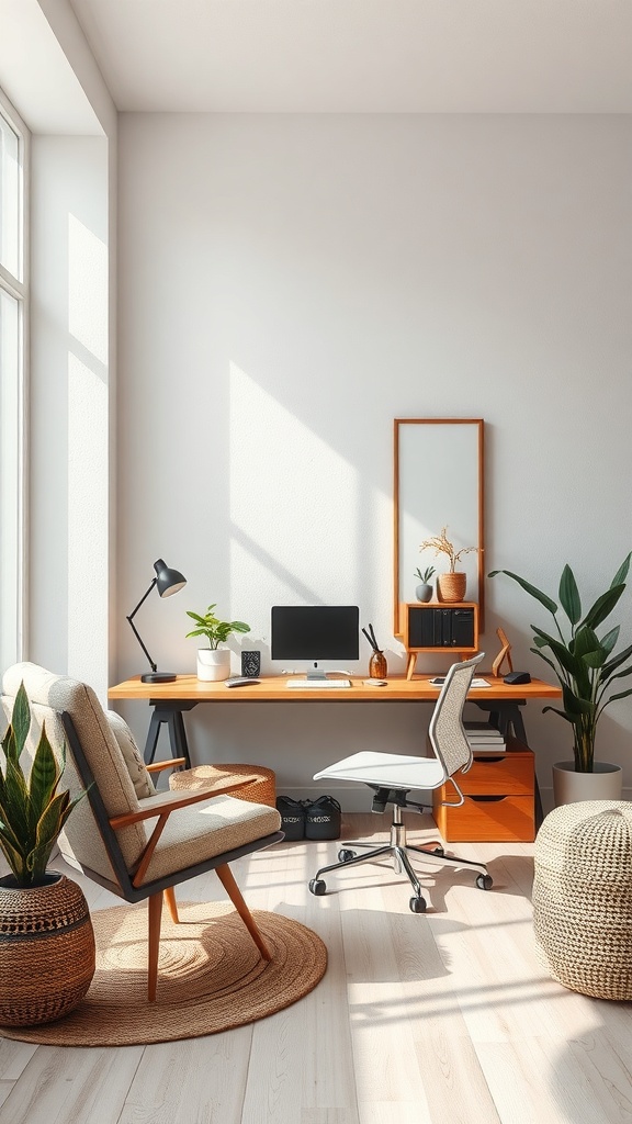 A sleek minimalist home office featuring a wooden desk, plants, and textured decor.