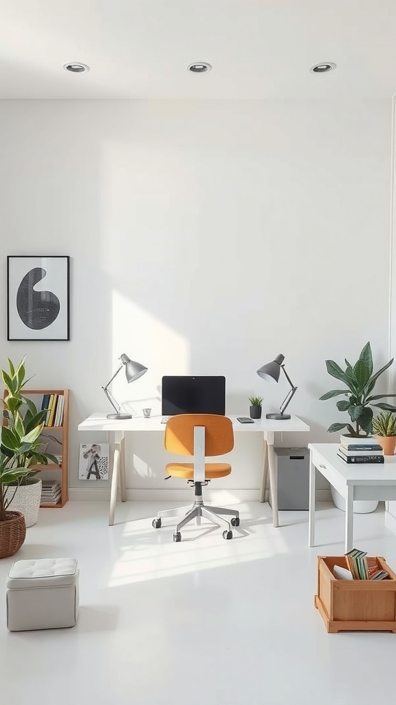 A sleek minimalist home office featuring a white desk, an orange chair, plants, and modern lighting.