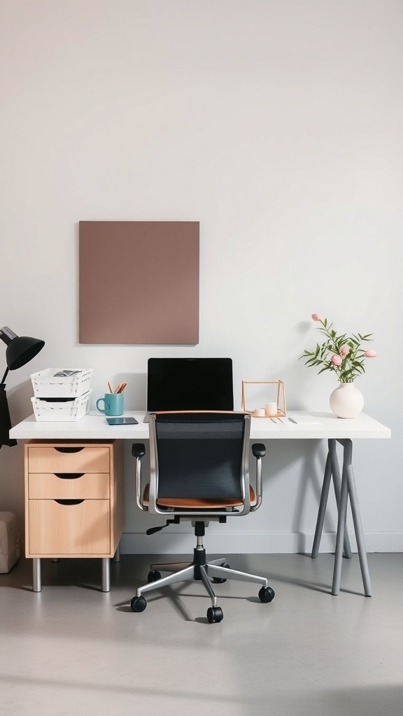 A minimalist home office setup featuring a desk, chair, and decorative elements.