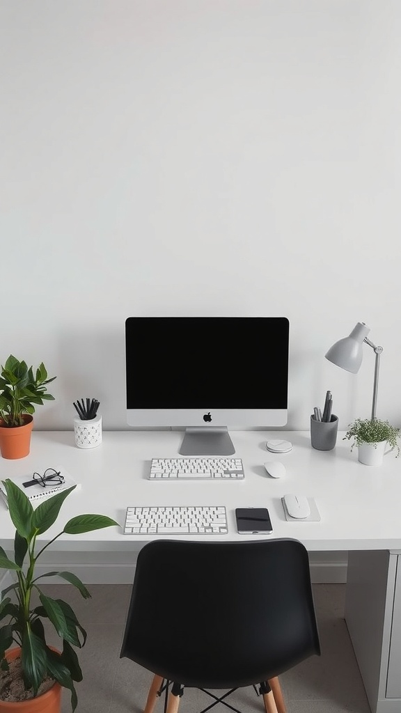 Minimalist home office setup with a balanced design featuring plants and a clean desk.