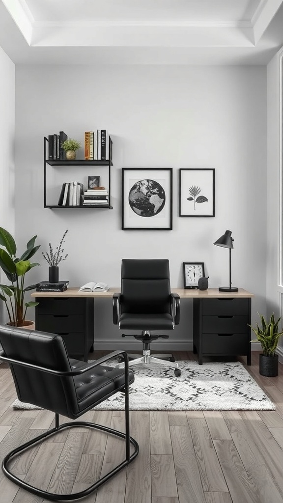 A minimalist black office setup featuring a black desk, ergonomic chair, and stylish decor.