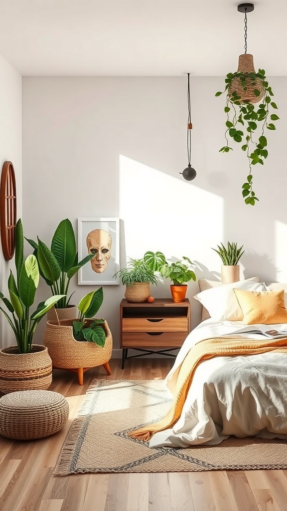 A cozy bedroom with plants, natural textures, and warm lighting.